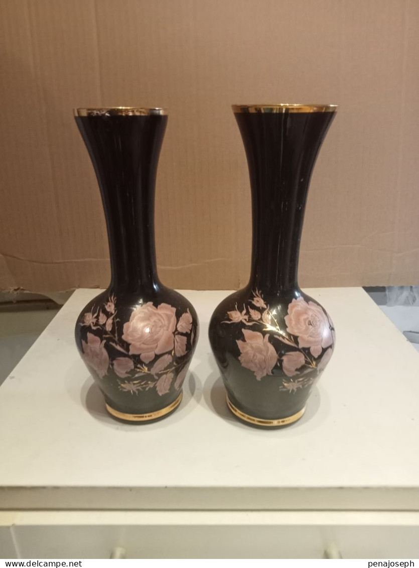 2 Vases Ancien Décor Rose Hauteur 20 Cm - Vazen