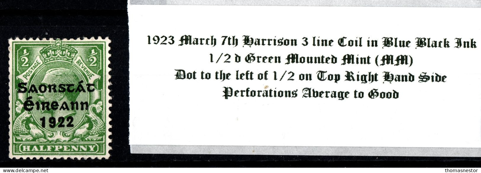 1923 March 7th Harrison 3 Line Coil In Blue Black Ink, 1/2 D Green  Mounted Mint (MM) - Unused Stamps