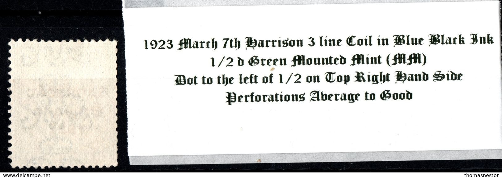 1923 March 7th Harrison 3 Line Coil In Blue Black Ink, 1/2 D Green  Mounted Mint (MM) - Unused Stamps