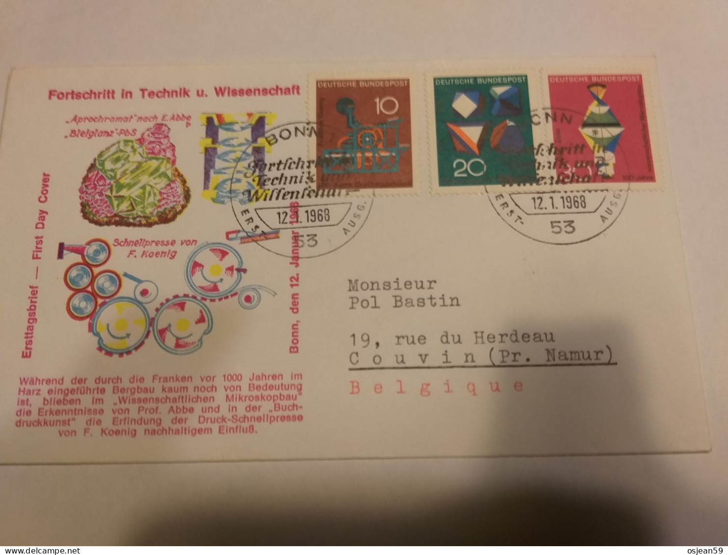 Michel N° 546/548 FDC 12/01/1958.Bonn Naar Belgien (Couvin) - 1950-1970