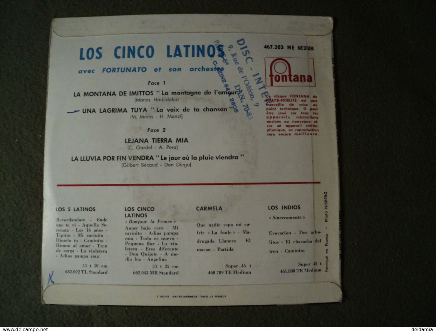 45 TOURS 4 TITRES LOS CINCO LATINOS. 1961. FONTANA 467 203 LA MONTANA DE IMITTOS / UNA LAGRIMA TUYA / LEJANA TIERRA MIA - World Music