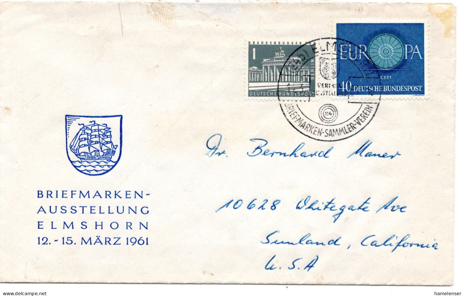 70831 - Bund - 1960 - 40Pfg CEPT '60 MiF A Bf SoStpl ELMSHORN - BRIEFMARKEN-AUSSTELLUNG ... -> Sunland, CA (USA) - Briefe U. Dokumente