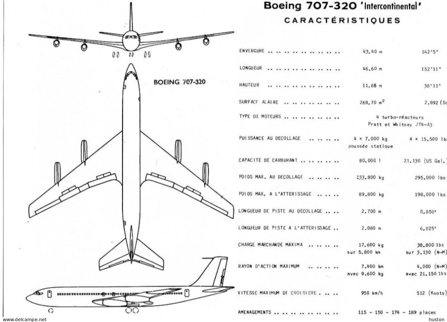 - Caractéristiques - BOEING 707 - 320  INTERCONTINENTAL - Écorchés (schémas)