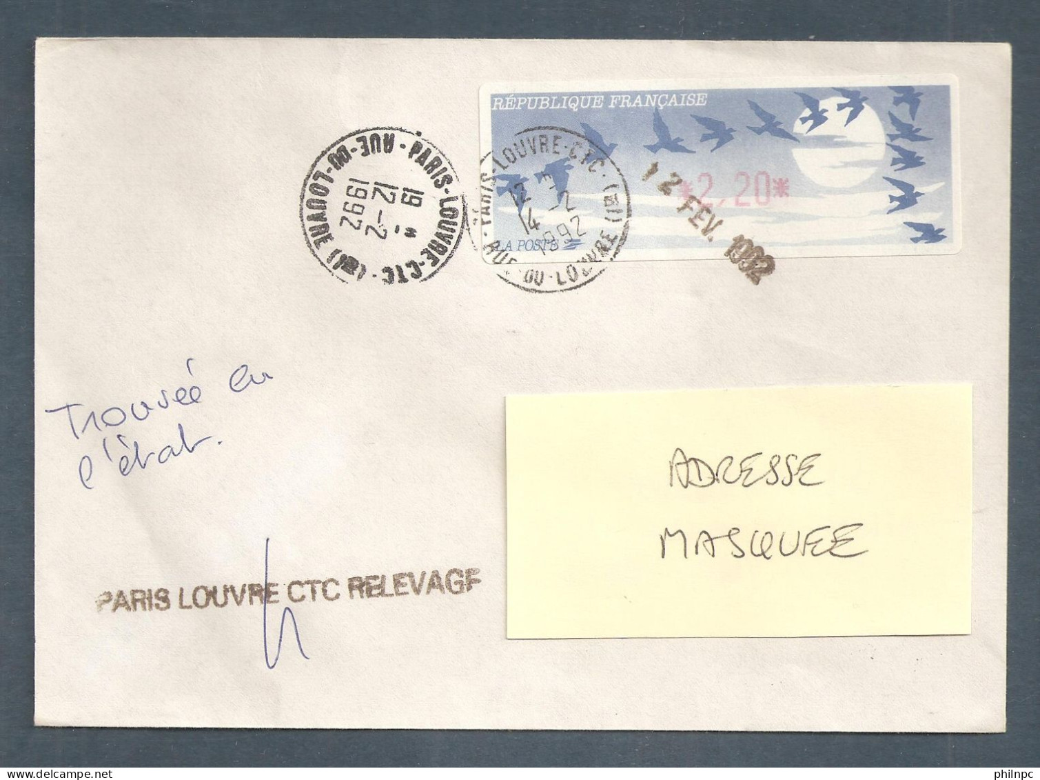 France, Distributeur, 161, LISA, Type C, Oblitéré, TTB, Avec Inscription Paris Louvre CTC, 1 Enveloppe - 1990 « Oiseaux De Jubert »