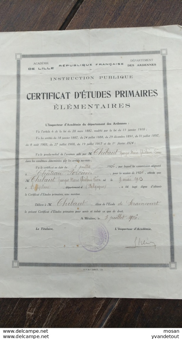 Certificat D'études Primaires. Lille. Ardennes. 1926 - Diplomi E Pagelle