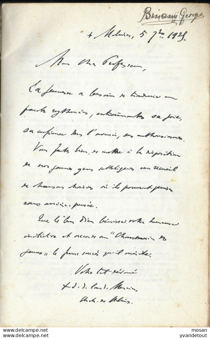Chansonnier Des Jeunes. Dédicacé Par Désiré-Joseph Mercier Archevêque De Malines En 1929 - J. Renard - Libros Autografiados