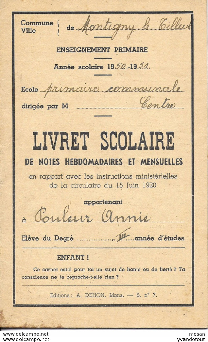 Livret Scolaire. Bulletin. Montigny-le-Tilleul. Ecole Communale. 1950 - 1951 - Diplomi E Pagelle