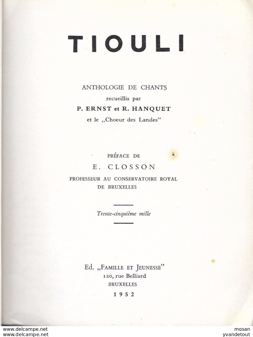 Tiouli. Anthologie De Chants Recueillis Pat P. Ernst Et R. Hanquet. 1952. Scout, Louveteaux, Guide - Movimiento Scout