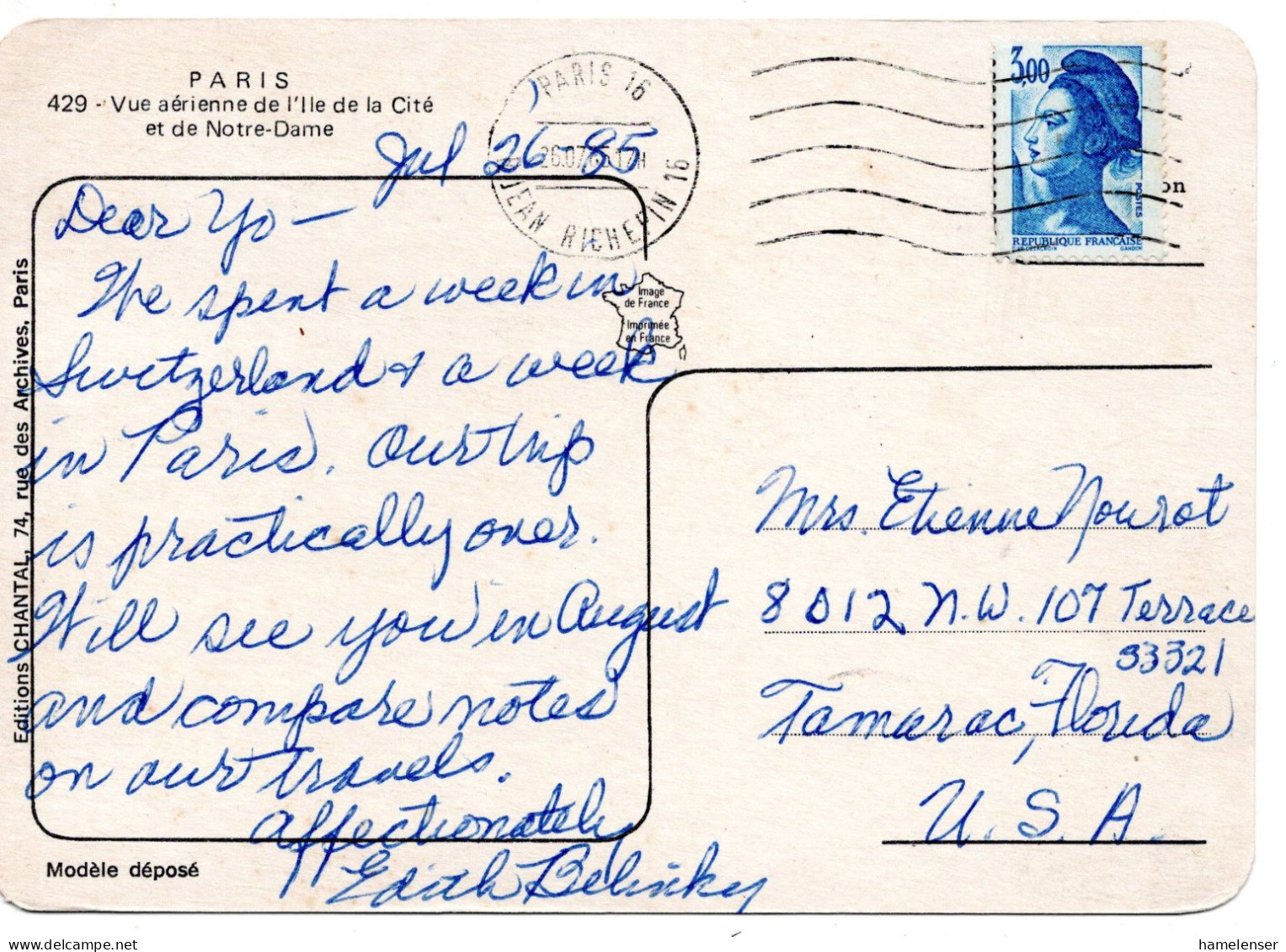 70840 - Frankreich - 1985 - 3,00F Liberté EF A AnsKte PARIS -> Tamarac, FL (USA) - 1982-1990 Liberté De Gandon