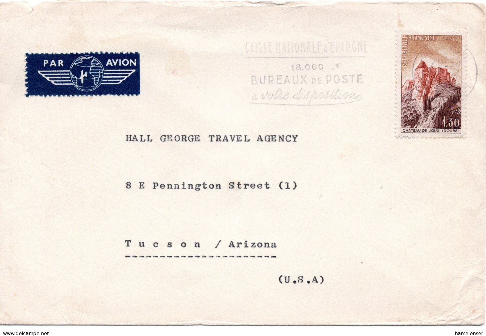 70842 - Frankreich - 1967 - 1,30F Burg Joux EF A LpBf PARIS - ... -> Tucson, AZ (USA) - Briefe U. Dokumente