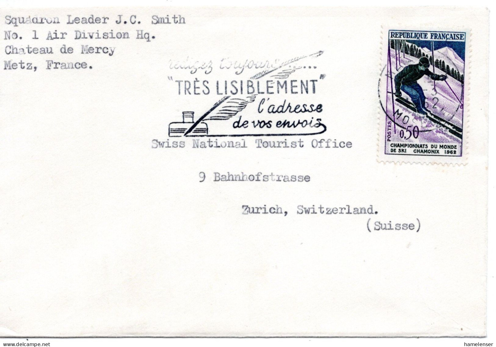 70843 - Frankreich - 1962 - 0,50F Ski-WM Chamonix EF A Bf METZ - ... -> Schweiz - Ski