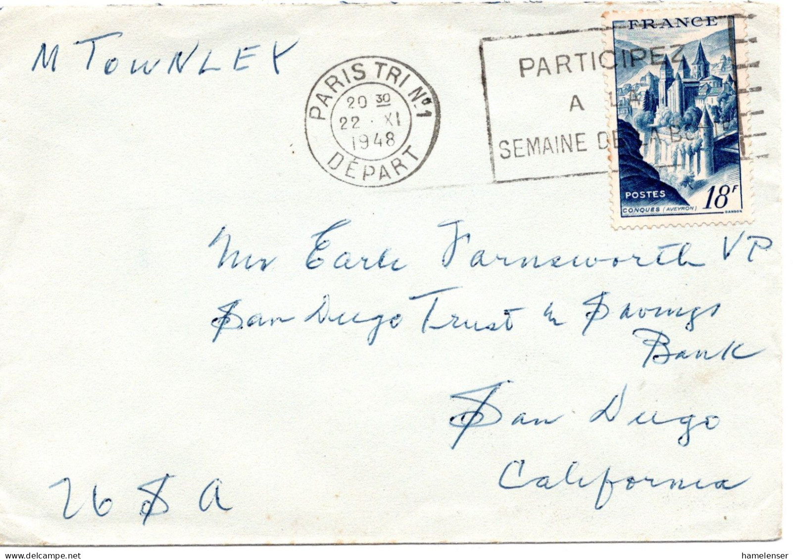 70844 - Frankreich - 1948 - 18F Conques EF A Bf PARIS - ... -> San Diego, CA (USA) - Lettres & Documents
