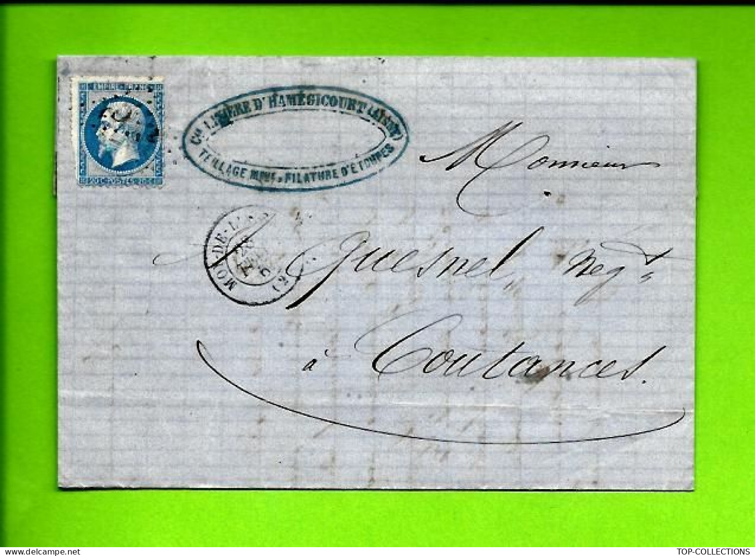 1867 RARE LETTRE SIGN. Cie Linière D’Haménicourt Aisne Filature Our Quesnel Négociant Coutances (MANCHE) - 1800 – 1899