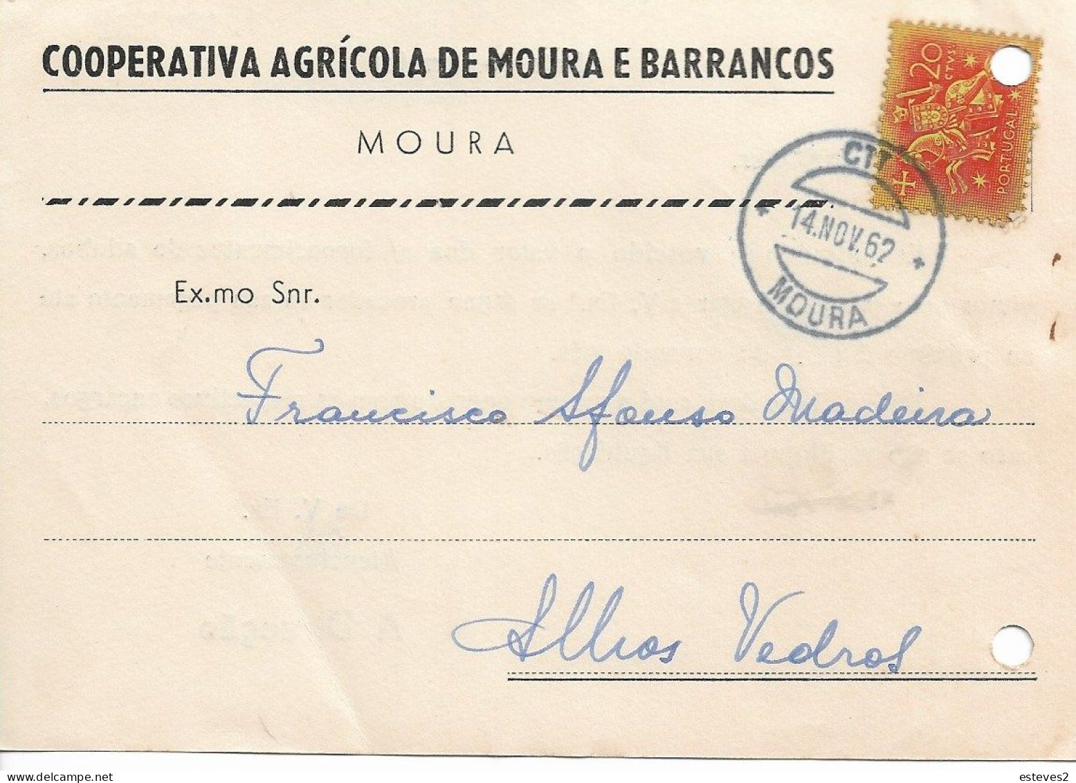 Portugal , 1962 ,  COOPERATIVA AGRÍCOLA  DE MOURA E BARRANCOS  ,  Moura  Postmark , Commercial Mail - Portugal