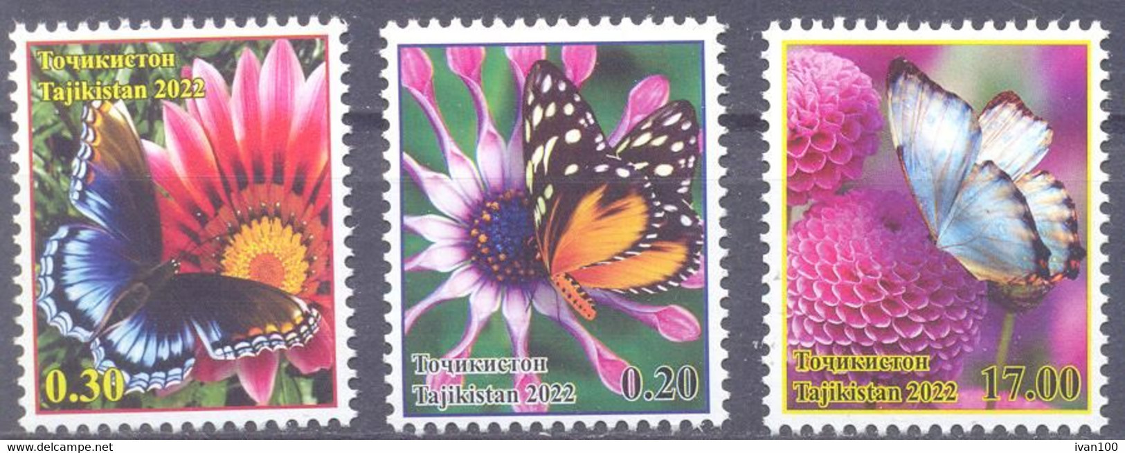 2022. Tajikistan, Butterflies & Flowers Of Tajikistan, 3v Perforated, Mint/** - Tajikistan
