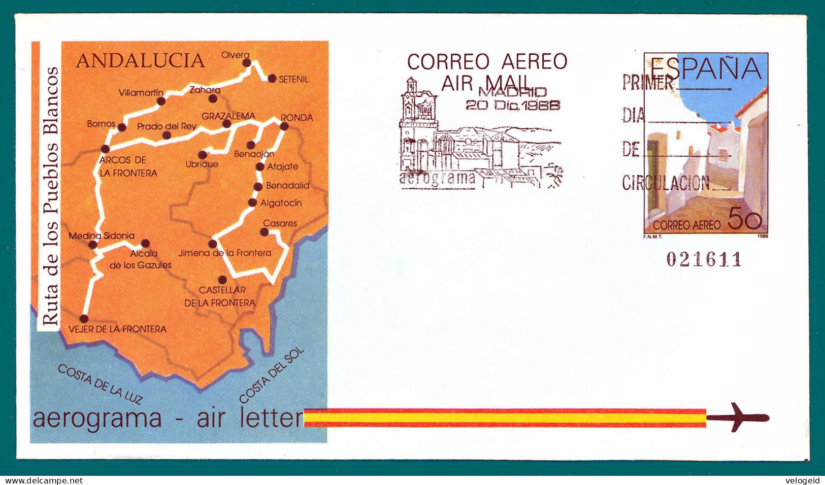 España. Spain. 1988. Aerograma. Air Letter. Rutas Turistica. Ruta De Los Pueblos Blancos - Cartas & Documentos