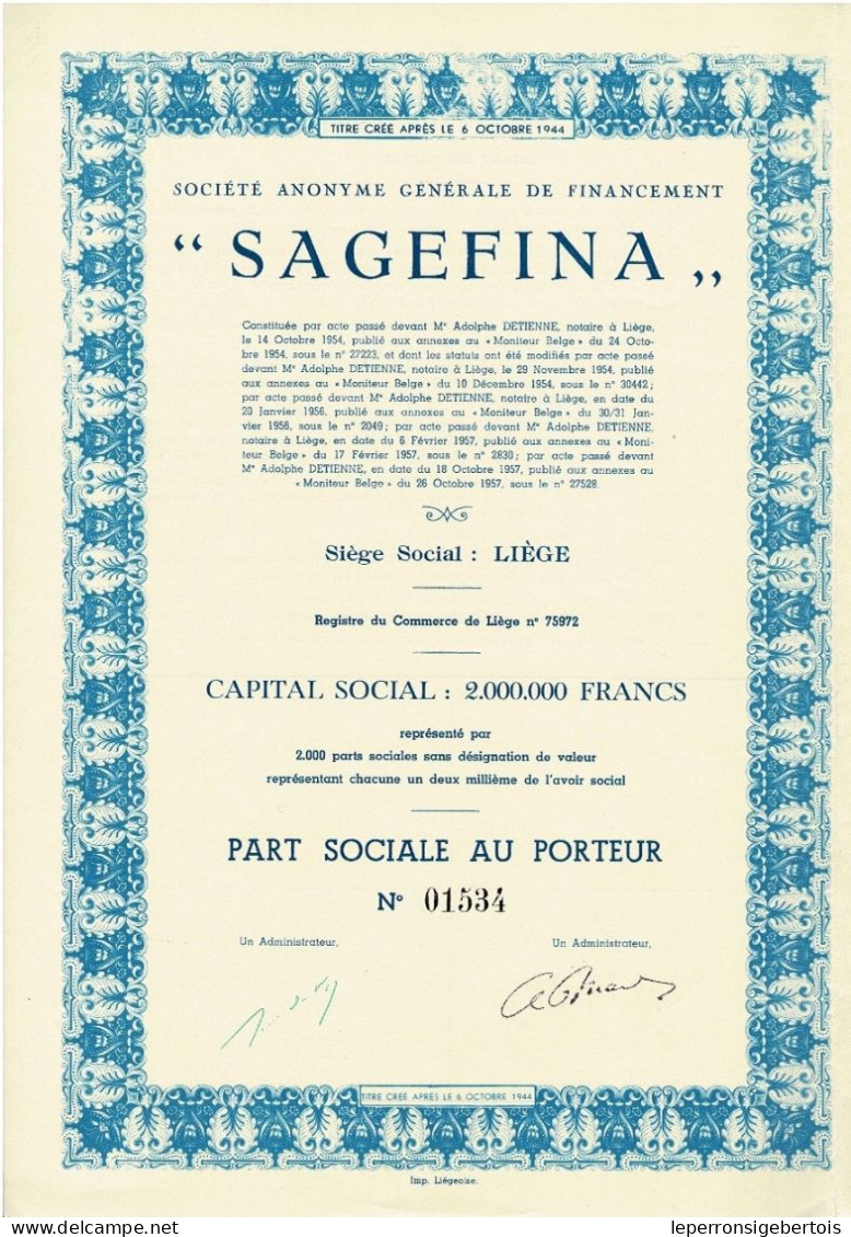 - Titre De 1957 - Société Anonyme Générale De Financement - SAGEFINA - - Banque & Assurance