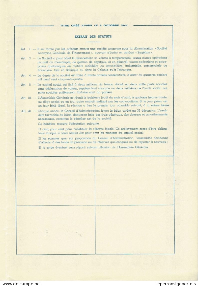 - Titre De 1957 - Société Anonyme Générale De Financement - SAGEFINA - - Banque & Assurance