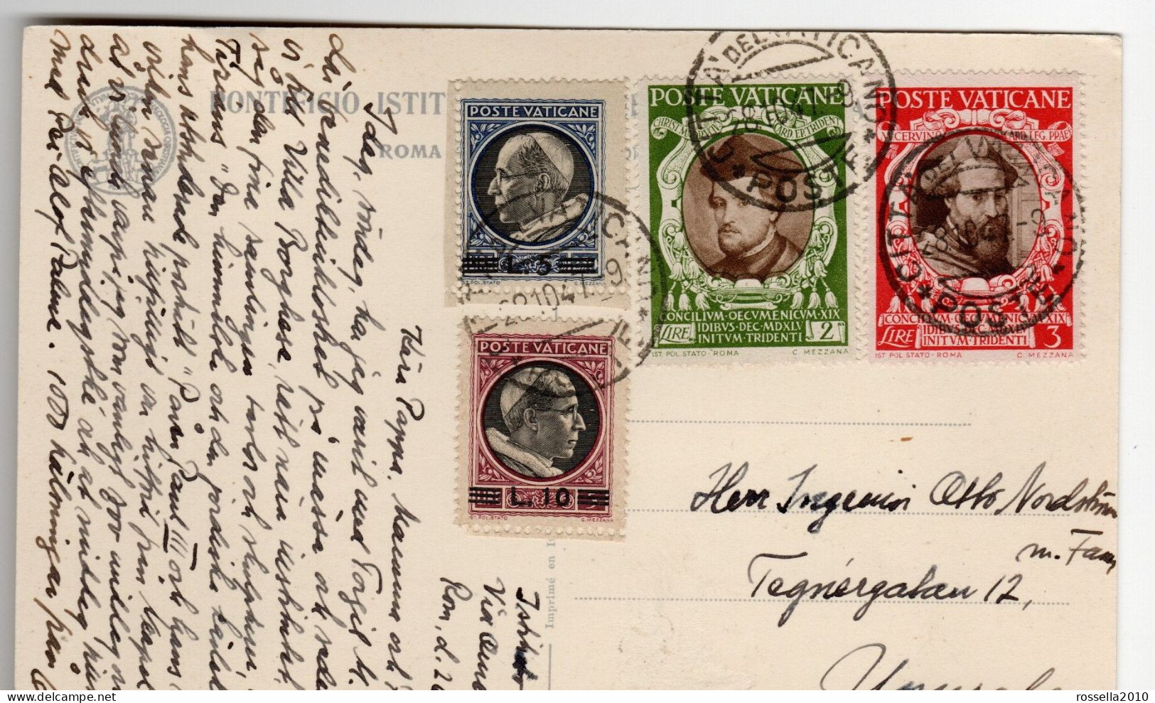 Cartolina VATICANO 1947 FRANCOBOLLI MEDAGLIONICINI SOVRASTAMPATI E CONCILIO DI TRENTO VATICAN Postcard Stamp - Cartas & Documentos