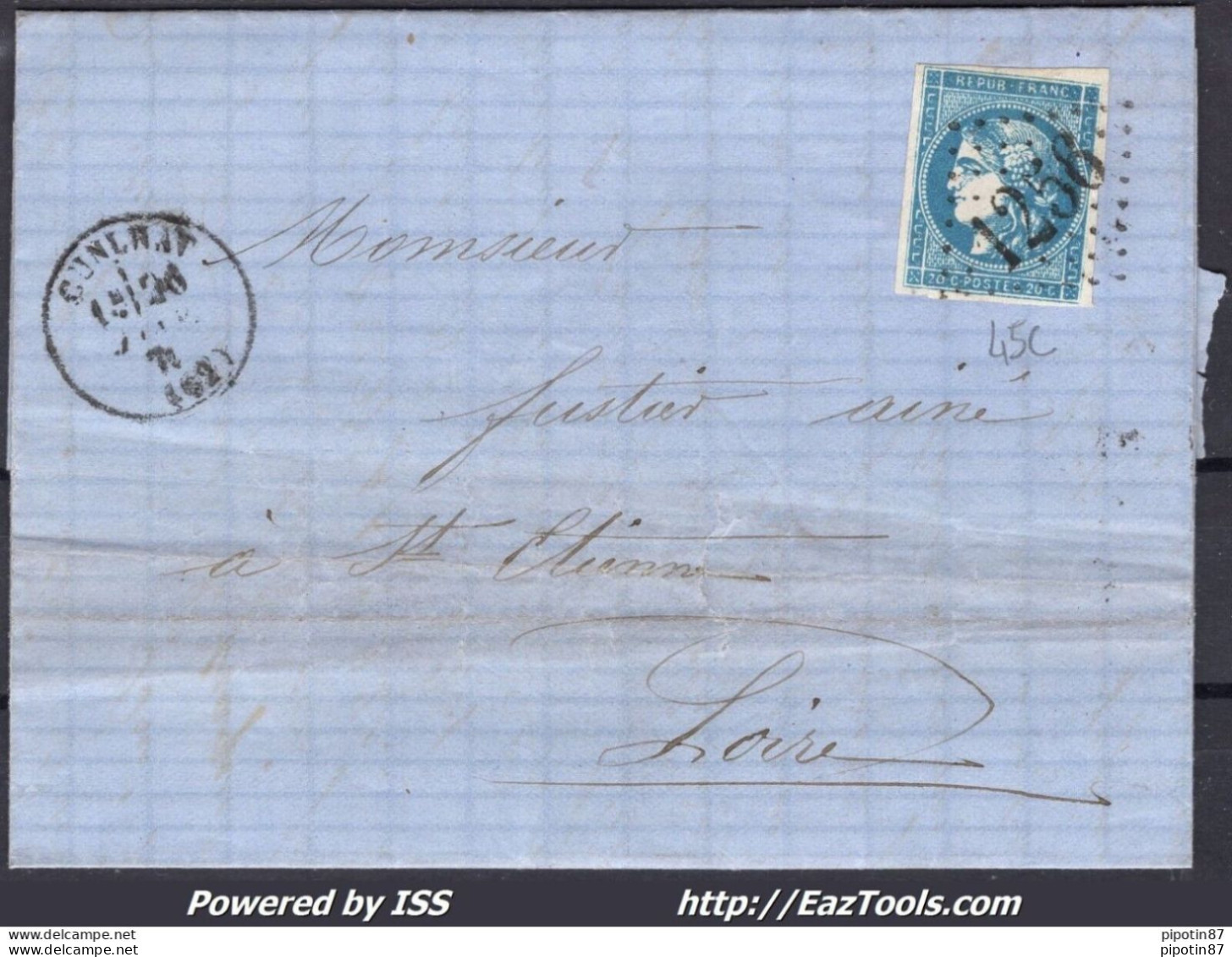 FRANCE N°45C SUR LETTRE GC 1256 CUNLHAT PUY DE DOME + CAD DU 26/01/1871 - 1870 Bordeaux Printing