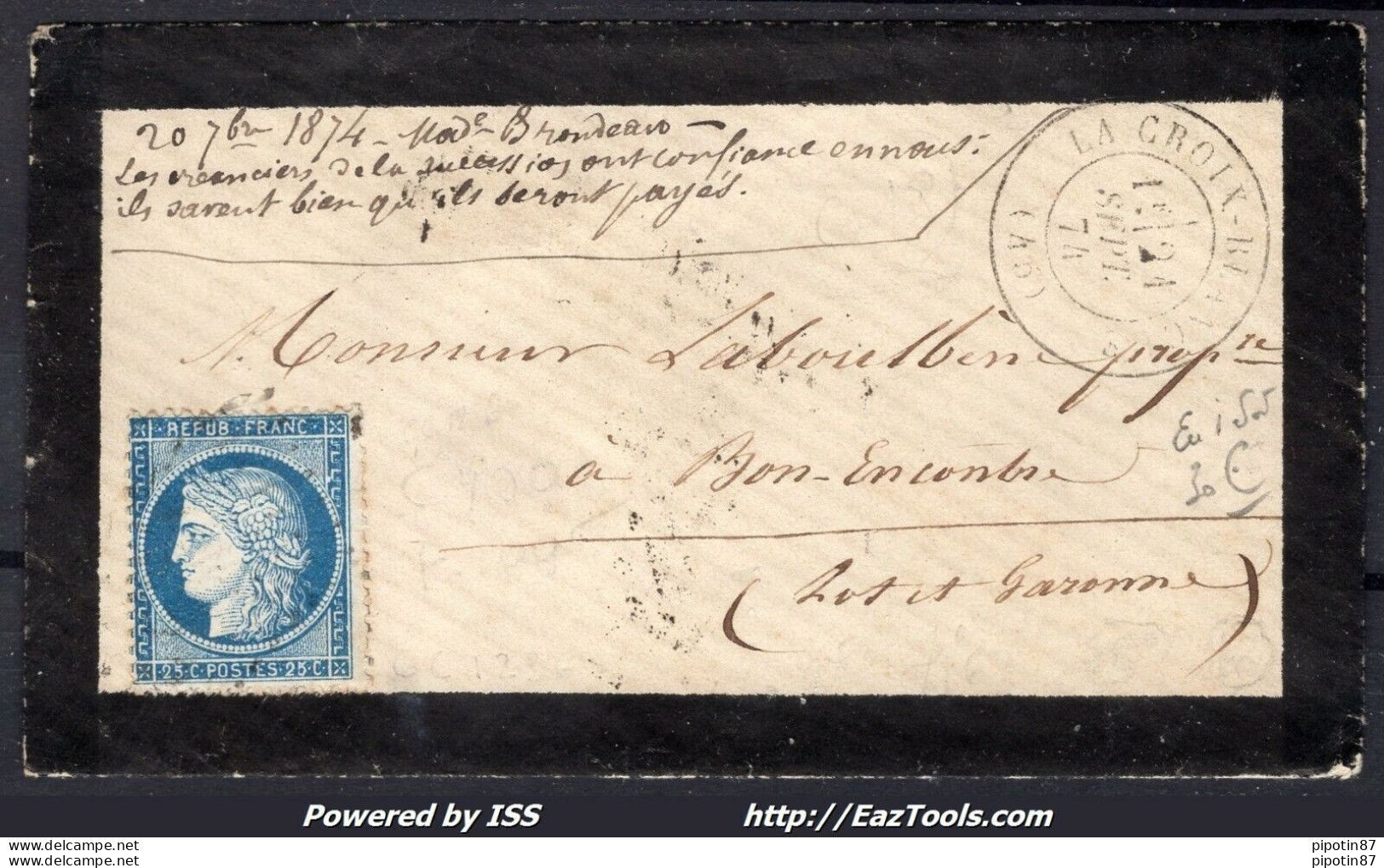 FRANCE N°60A SUR LETTRE GC 1236 + CACHET A DATE LA CROIX BLANCHE DU 21/09/1874 - 1871-1875 Cérès