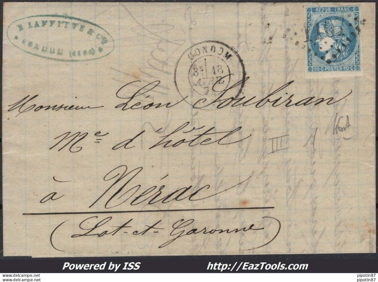 FRANCE N°46A SUR LETTRE GC 1107 CONDOM GERS + CACHET A DATE DU 16/04/1871 - 1870 Emission De Bordeaux