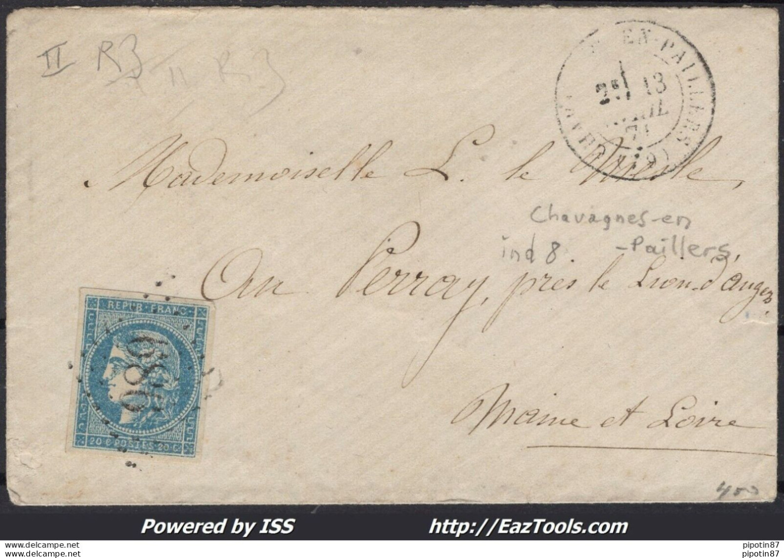 FRANCE N°45C SUR LETTRE GC 989 CHAVAGNES EN PAILLERS VENDÉE + CAD DU 13/04/1871 - 1870 Emisión De Bordeaux