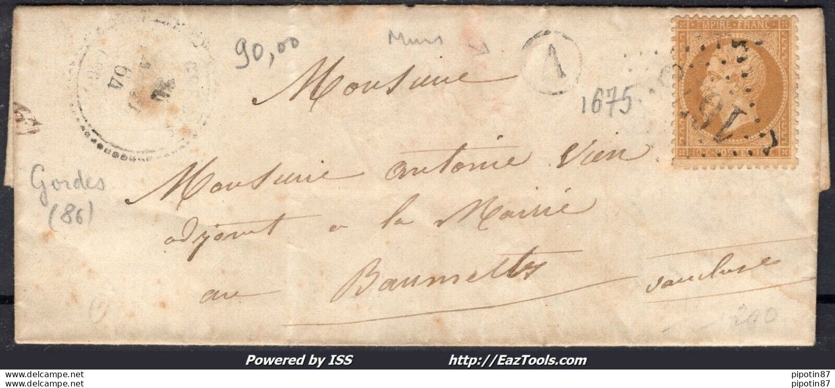 FRANCE N° 21 SUR LETTRE GC 1675 GORDES VAUCLUSE + CAD DU 20/04/1864 - 1862 Napoléon III