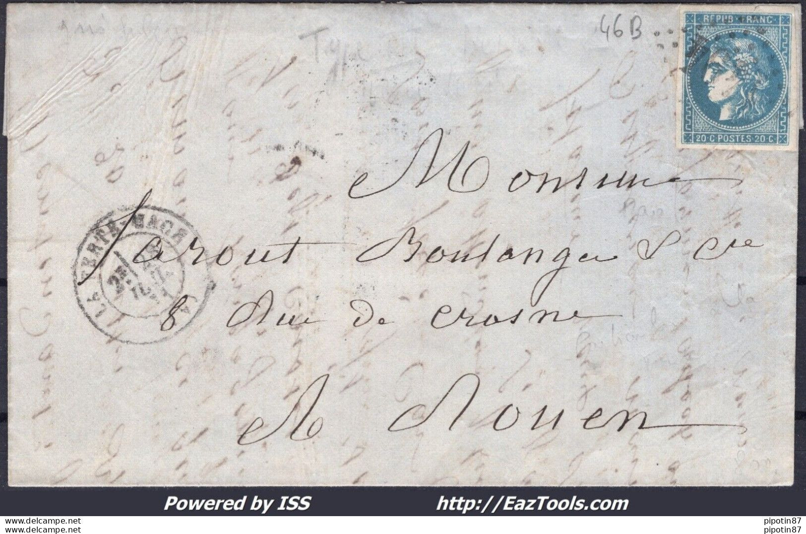 FRANCE N°46B SUR LETTRE GC 1494 LA FERTÉ MACÉ ORNE + CAD DU 28/07/1871 - 1870 Emission De Bordeaux