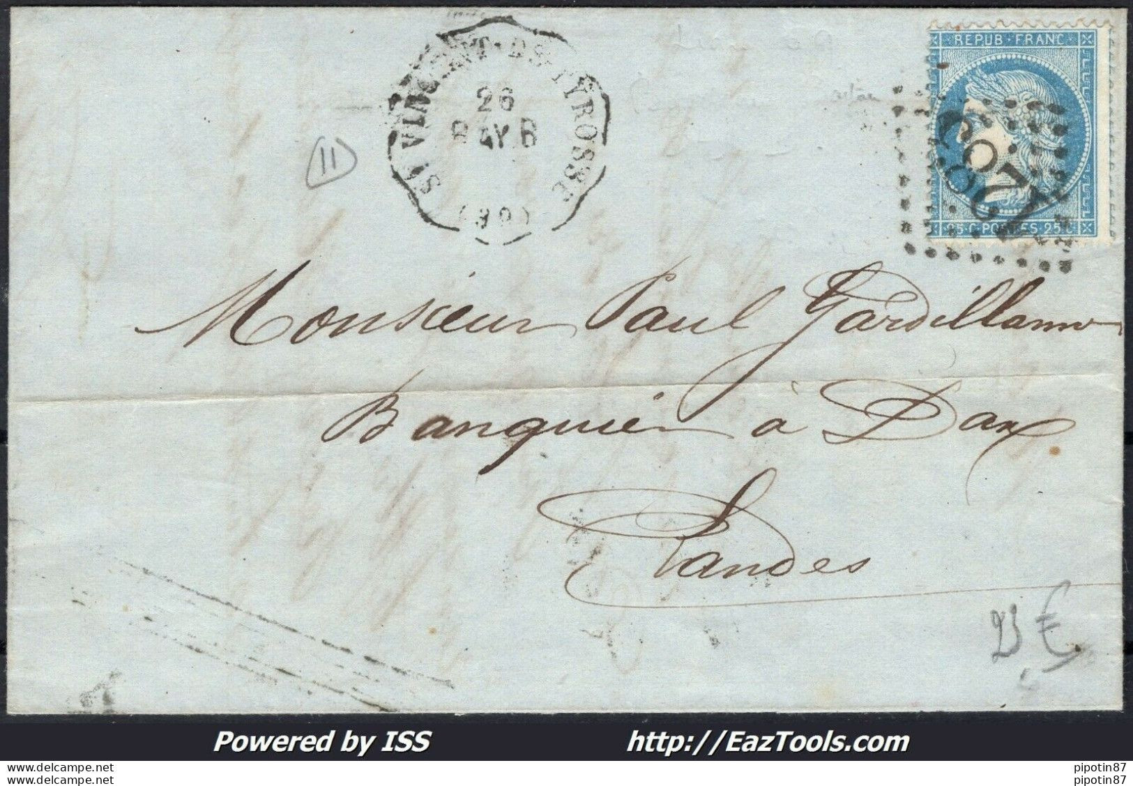 FRANCE N°60A LETTRE GC 1283 DAX LANDES CONVOYEUR STATION ST VINCENT DE TYROSSE - 1871-1875 Ceres