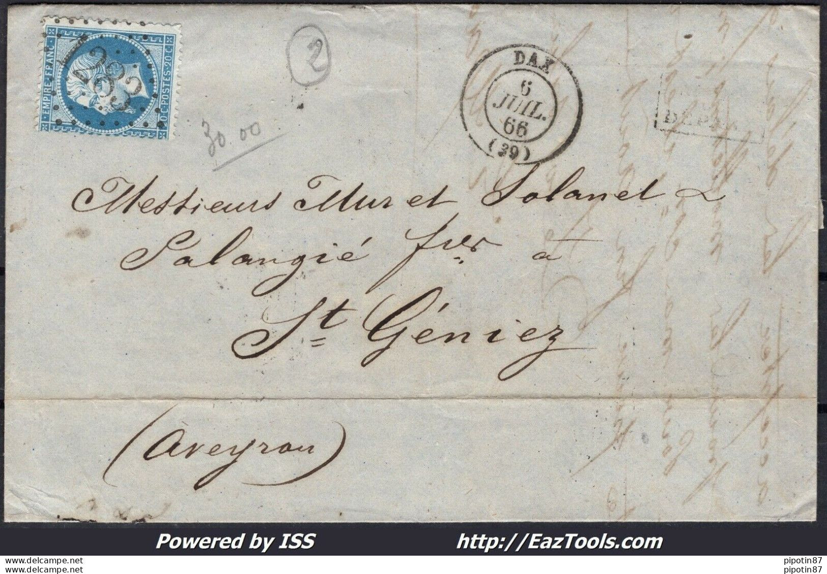 FRANCE N° 22 SUR LETTRE POUR ST GENIEZ GC 1283 DAX LANDES + CAD DU 06/07/1866 - 1862 Napoléon III.