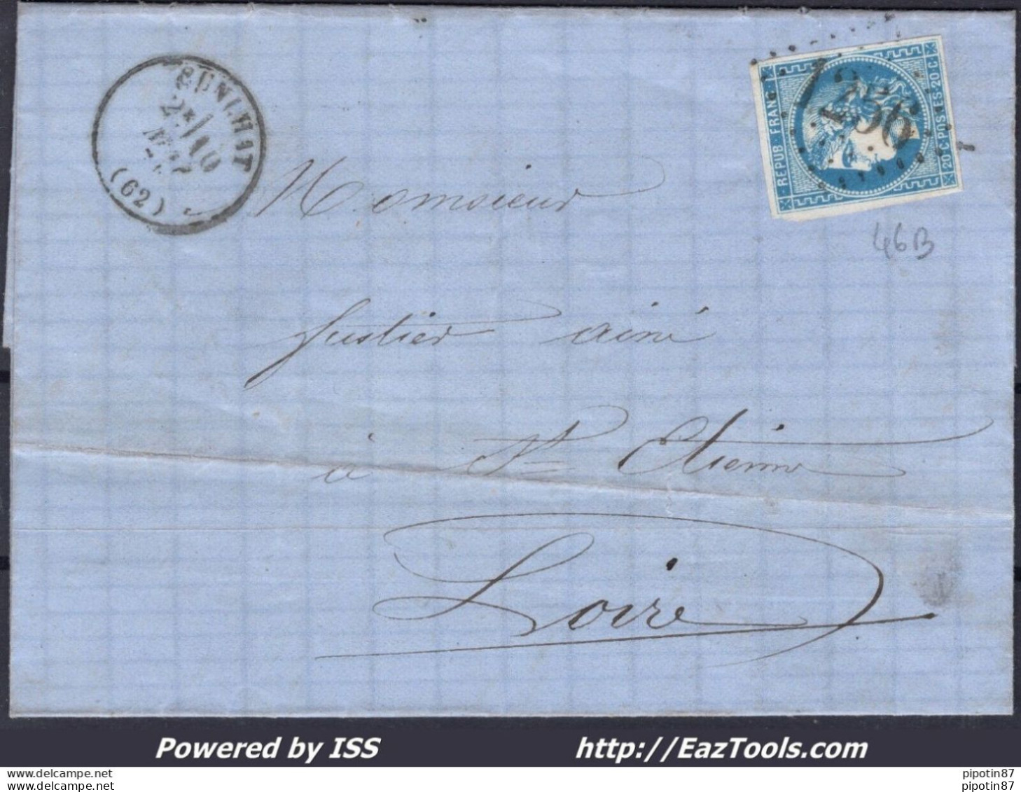 FRANCE N°46B SUR LETTRE GC 1256 CUNLHAT PUY DE DOME + CAD TYPE 16 DU 10/05/1871 - 1870 Emission De Bordeaux