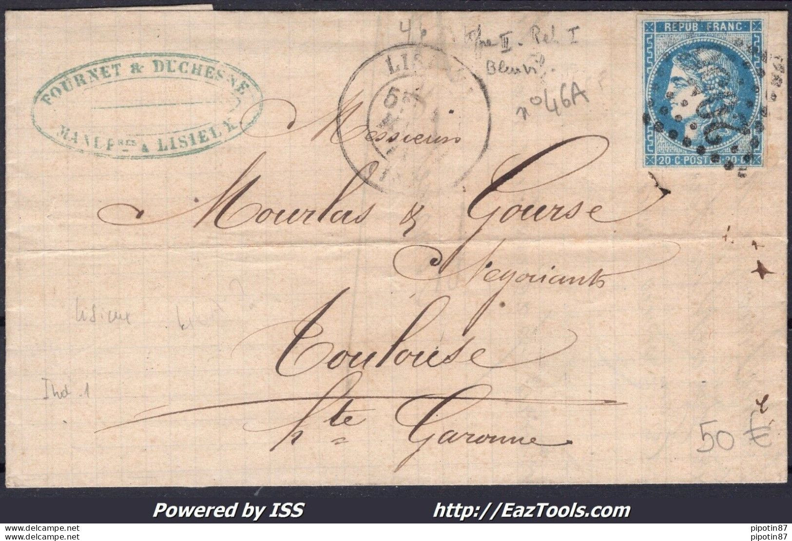 FRANCE BORDEAUX N°46A SUR LETTRE GC 2056 LISIEUX CALVADOS + CAD DU 01/03/1871 - 1870 Uitgave Van Bordeaux