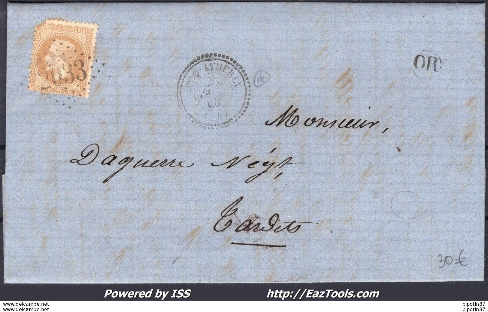 FRANCE N°28A SUR LETTRE GC 2033 LIQ ATHERAY BASSES PYRENEES + CAD DU 23/01/1869 - 1863-1870 Napoléon III. Laure