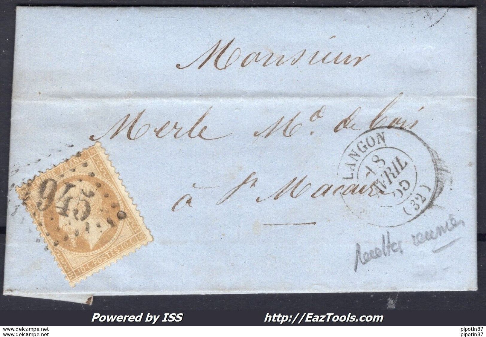 FRANCE N°21 SUR LETTRE RECETTES REUNIES GC 1945 LANGON GIRONDE DU 18/04/1855 - 1862 Napoléon III.