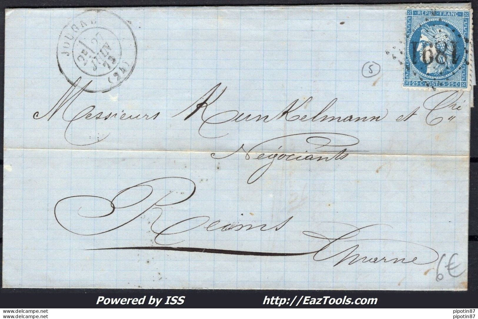 FRANCE N°60A SUR LETTRE POUR REIMS GC 1891 JOUGNE DOUBS + CAD DU 27/06/1873 - 1871-1875 Ceres