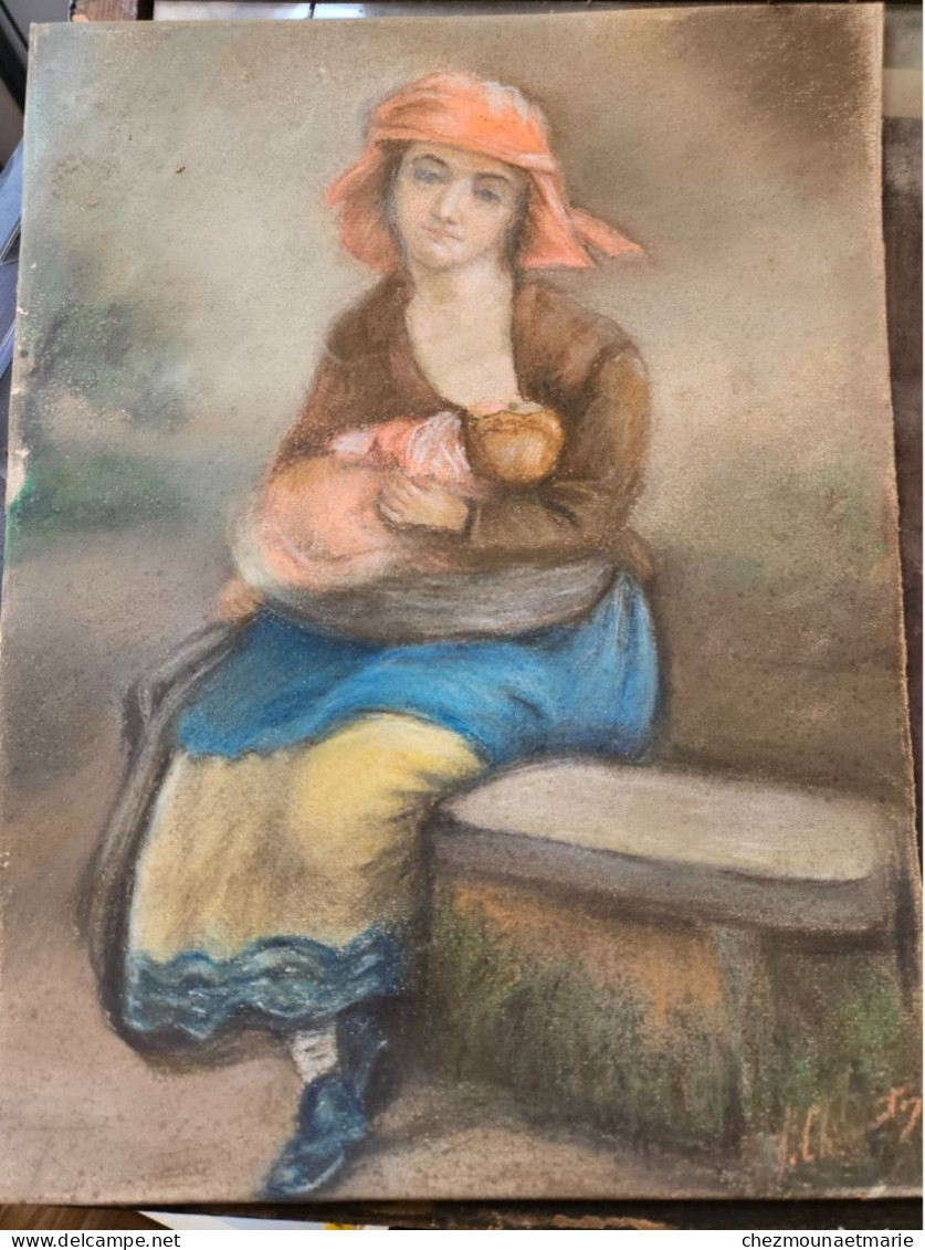 PASTEL SIGNE FEMME MERE ALLAITANT SON ENFANT TAILLE CADRE 39.5 X 31 CM - Pasteles