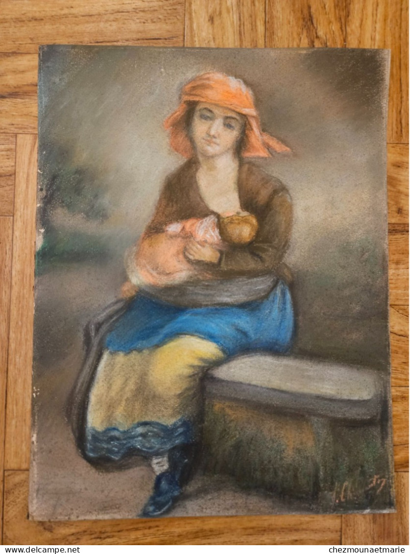 PASTEL SIGNE FEMME MERE ALLAITANT SON ENFANT TAILLE CADRE 39.5 X 31 CM - Pastel