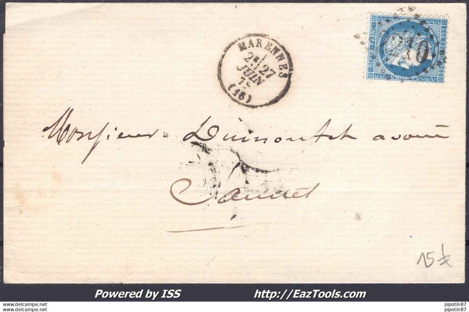 FRANCE N°60A SUR LETTRE GC 2210 MARENNES CHARENTE INFERIEURE + CAD DU 27/06/1872 - 1871-1875 Cérès