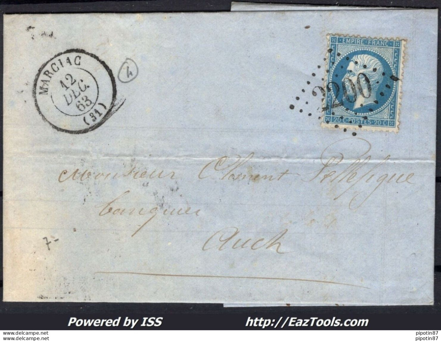 FRANCE N° 22 SUR LETTRE POUR AUCH GC 2200 MARCIAC GERS + CAD DU 12/12/1863 - 1862 Napoléon III.