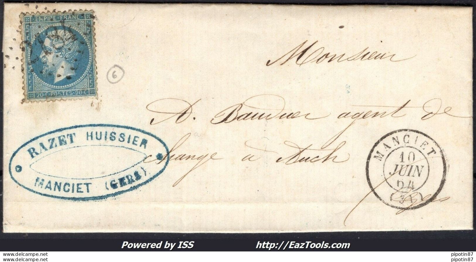 FRANCE N° 22 SUR LETTRE POUR AUCH GC 2184 MANCIET GERS + CAD DU 10/06/1864 - 1862 Napoléon III.