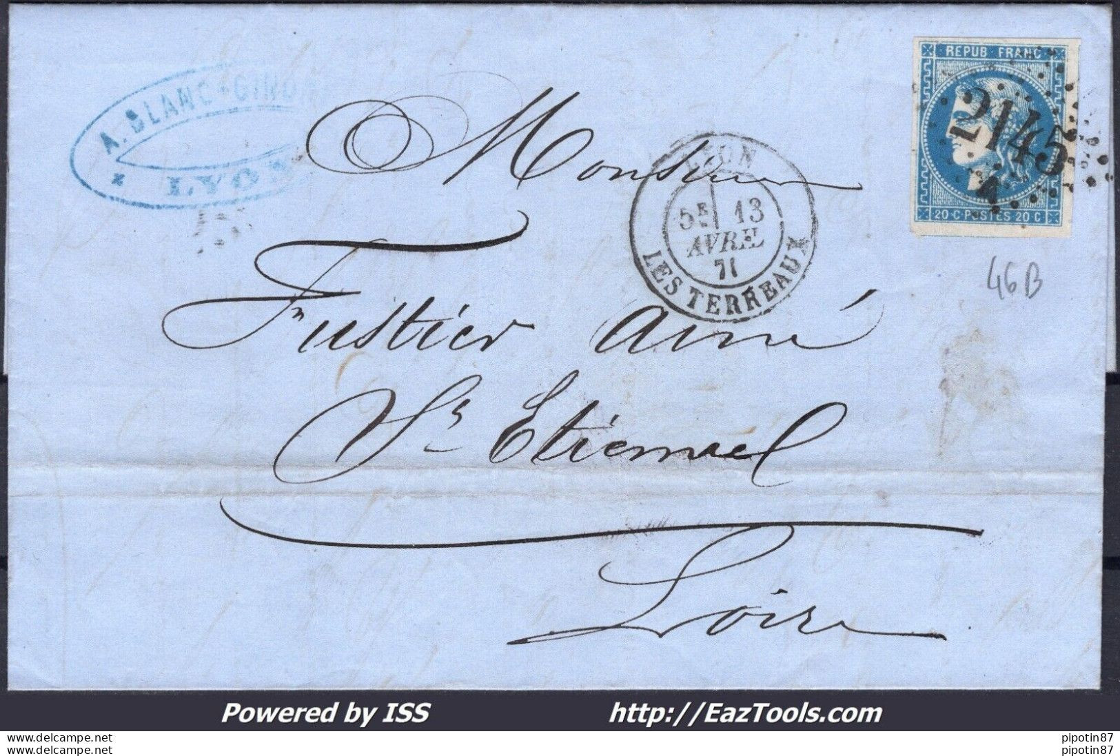 FRANCE N°46B SUR LETTRE GC 2145A LYON LES TERREAUX RHONE + CAD DU 13/04/1871 - 1870 Bordeaux Printing