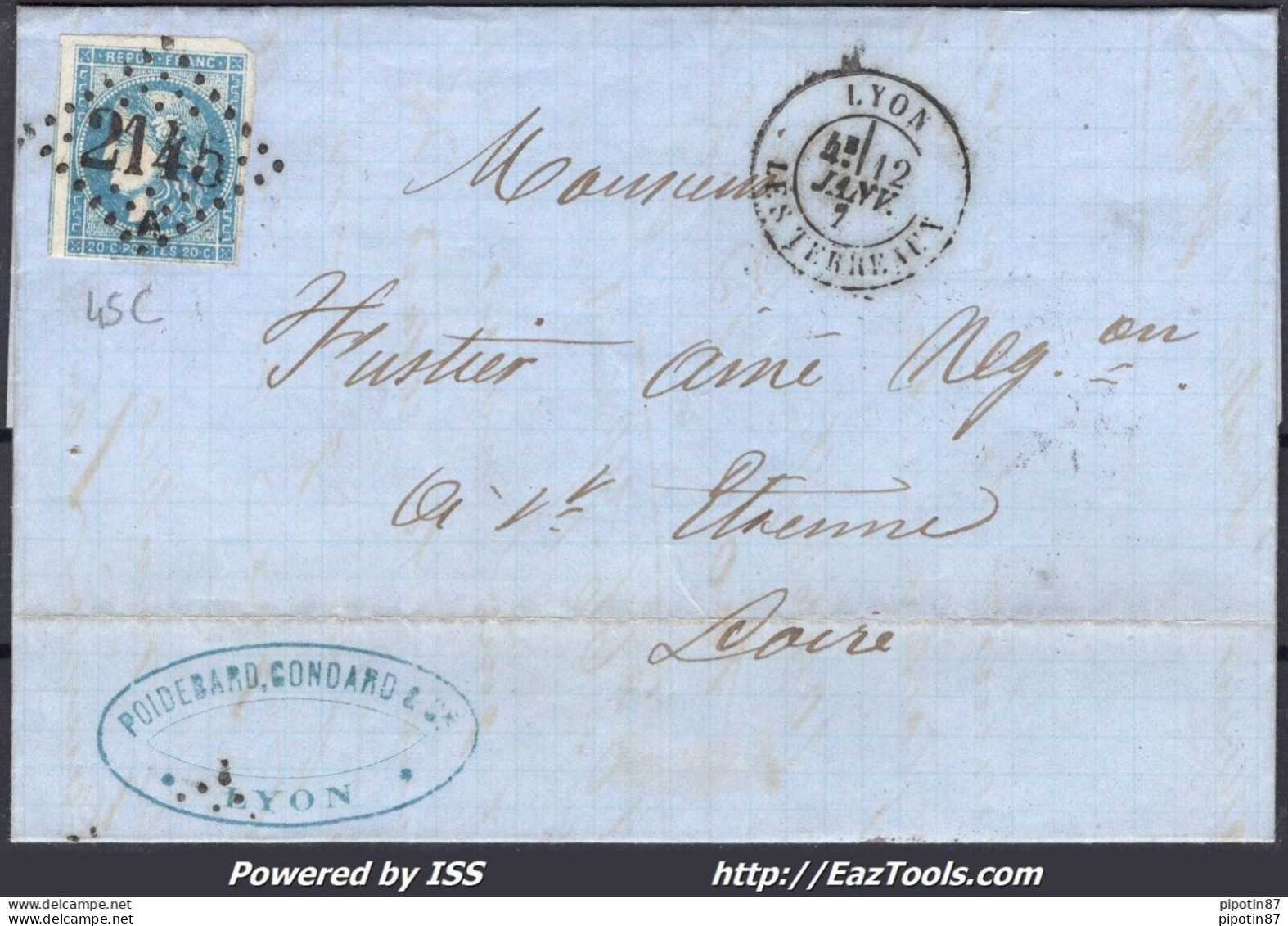 FRANCE N°45C SUR LETTRE GC 2145A LYON LES TERREAUX RHONE + CAD DU 12/01/1871 - 1870 Emission De Bordeaux