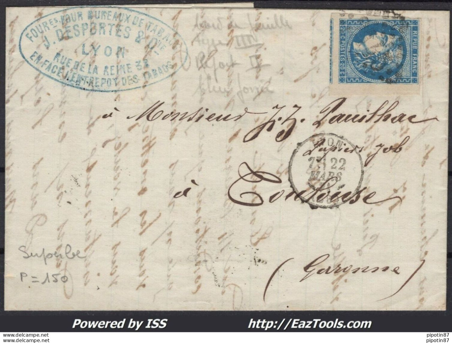 FRANCE N°46B EN BDF SUR LETTRE GC 2145 LYON RHONE + CAD TYPE 16 DU 22/03/1871 - 1870 Emissione Di Bordeaux