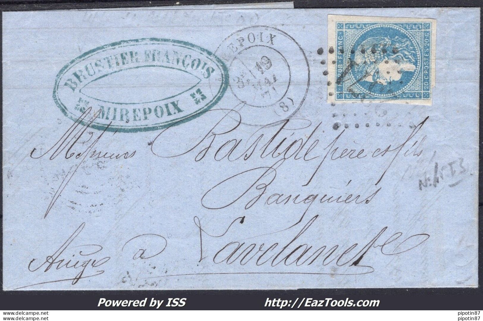 FRANCE N° 45C SUR LETTRE GC 2371 MIREPOIX ARIEGE + CAD DU 19/05/1871 - 1870 Bordeaux Printing