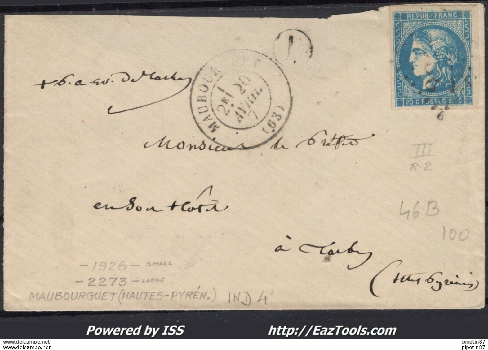 FRANCE N°46B SUR LETTRE GC 2273 MAUBOURGET HTES PYRENEES + CAD DU 20/04/1871 - 1870 Ausgabe Bordeaux