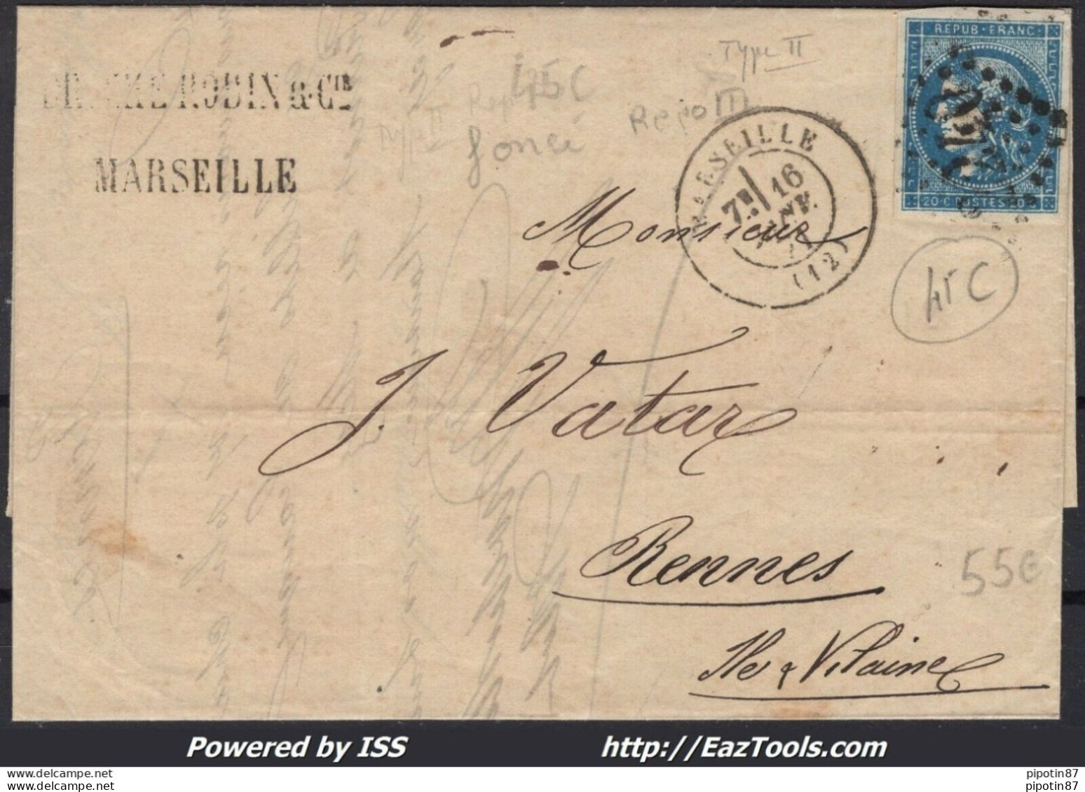 FRANCE BLEU FONCÉ N°45Ca SUR LETTRE GC 2240 MARSEILLE + CAD DU 16/01/1871 - 1870 Emisión De Bordeaux