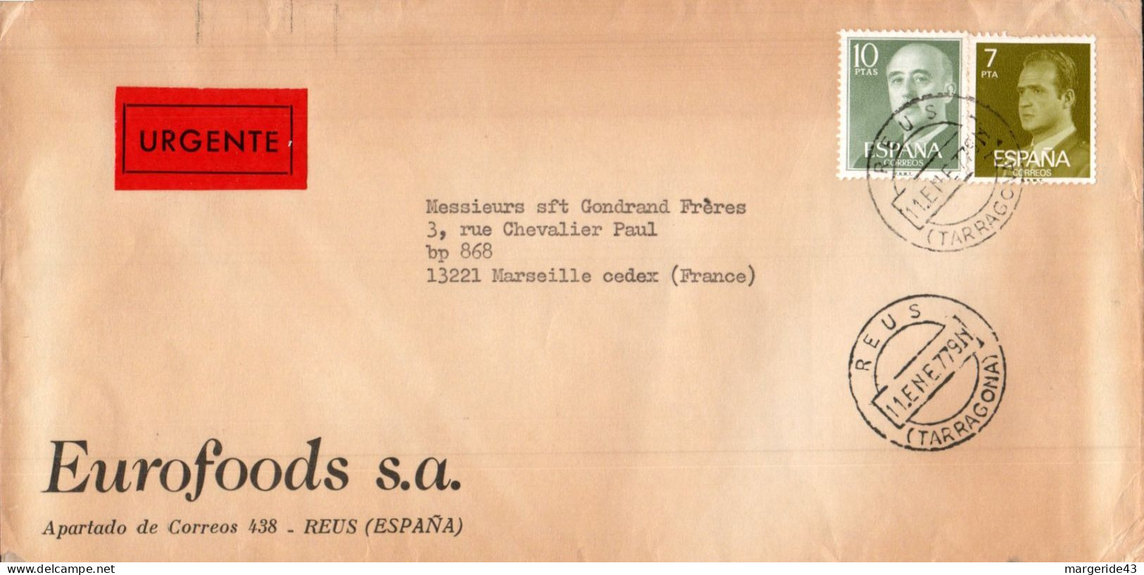 ESPAGNE AFFRANCHISSEMENT COMPOSE SUR LETTRE URGENTE POUR LA FRANCE 1977 - Cartas & Documentos