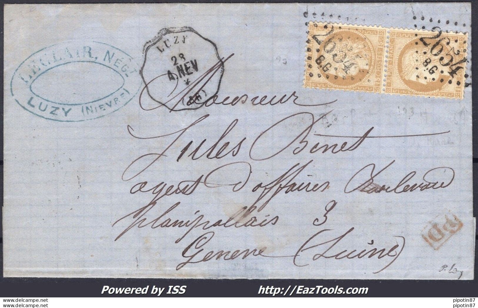 FRANCE N°55x2 SUR LETTRE POUR LA SUISSE GC 2654BG NEVERS BOITE GARE + CONVOYEUR - 1871-1875 Cérès