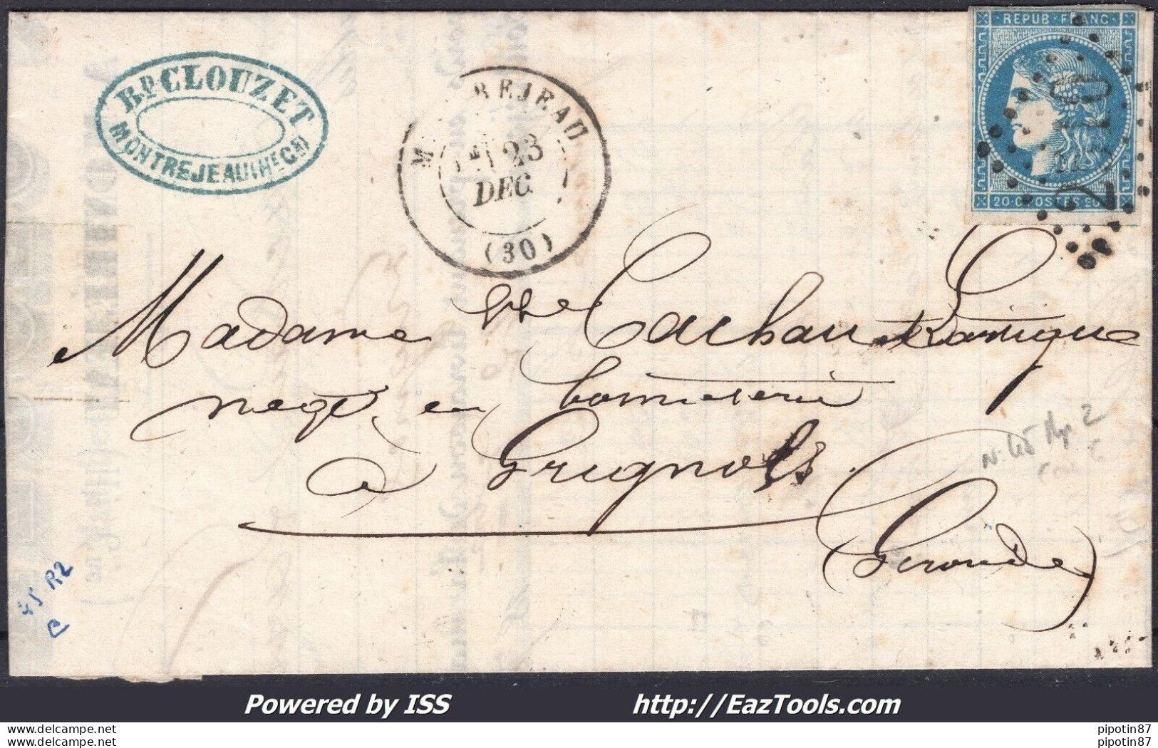 FRANCE N° 45B SUR LETTRE GC 2510 MONTRÉJEAN HTE GARONNE + CAD DU 23/12/1871 - 1870 Emisión De Bordeaux